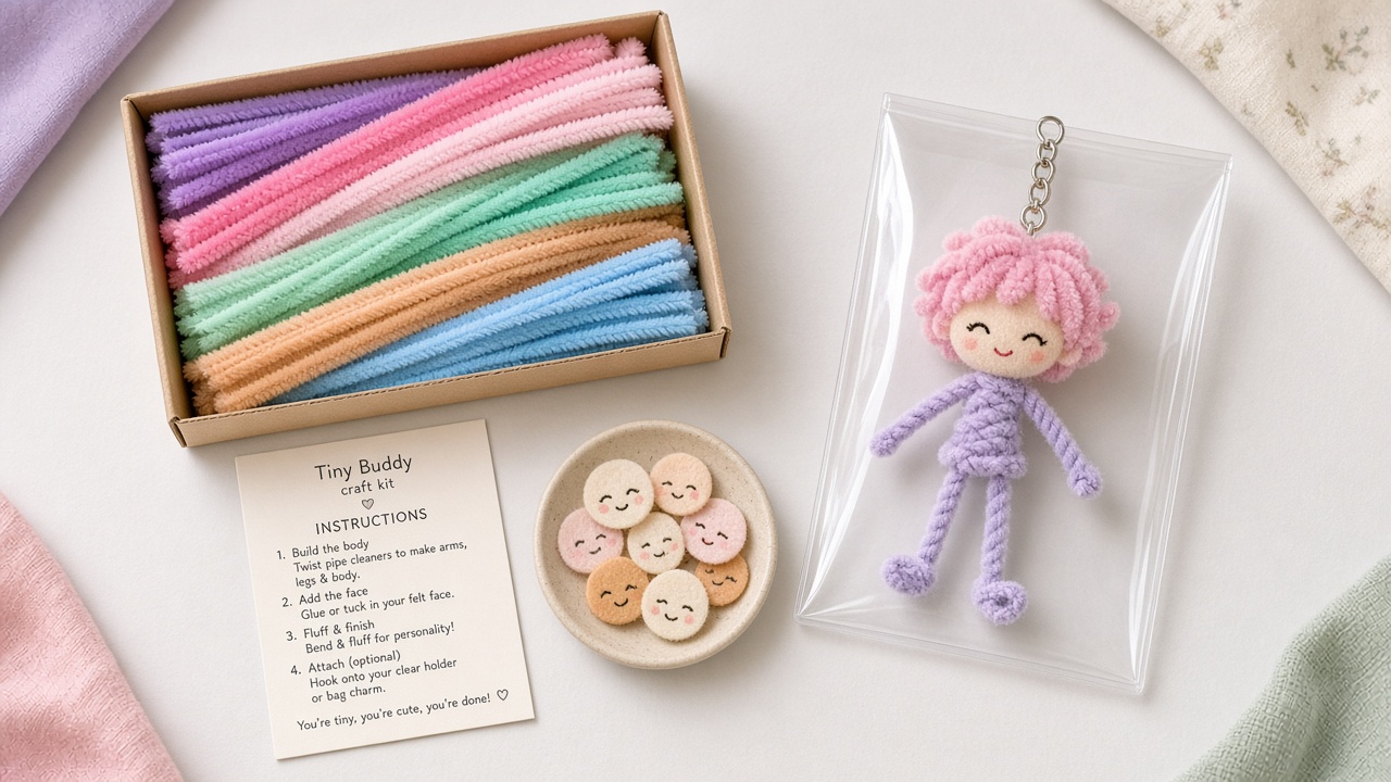 Tiny Buddy Pipe-Cleaner Doll Kit: pastel pipe cleaners, felt faces and a finished fluffy doll keyring charm
